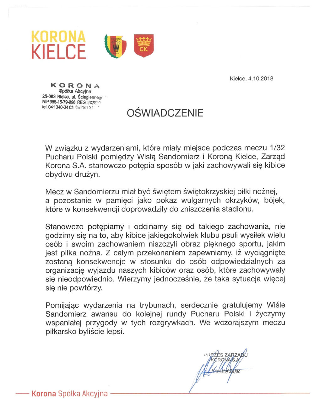 oswiadczenie-po-meczu-wisla-sandomierz-korona-kielce